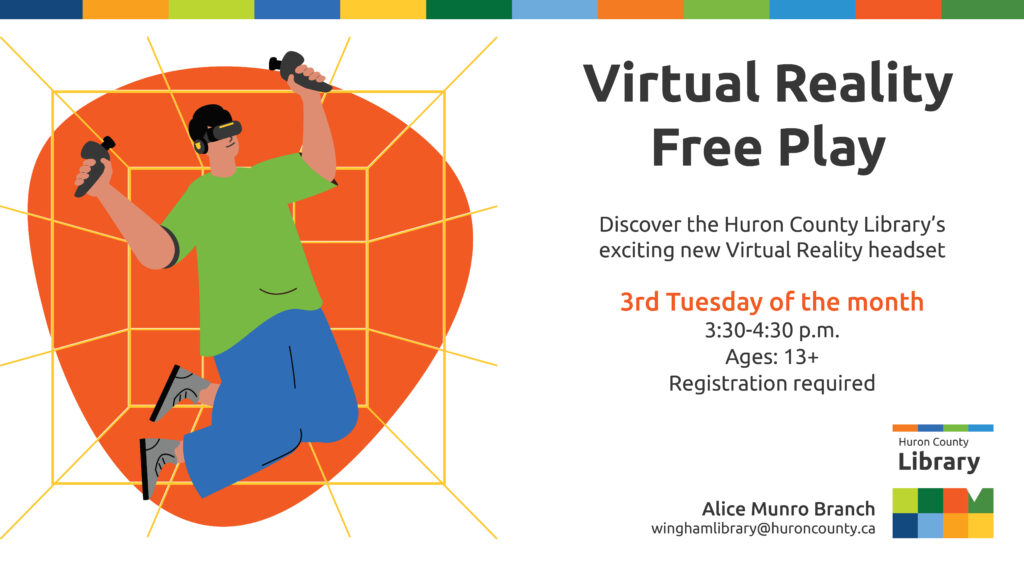 Illustration of a young person wearing a virtual reality set with text promoting VR free play at Wingham