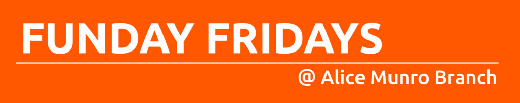 Dark orange rectangle with text promoting Funday Fridays storytime at Wingham