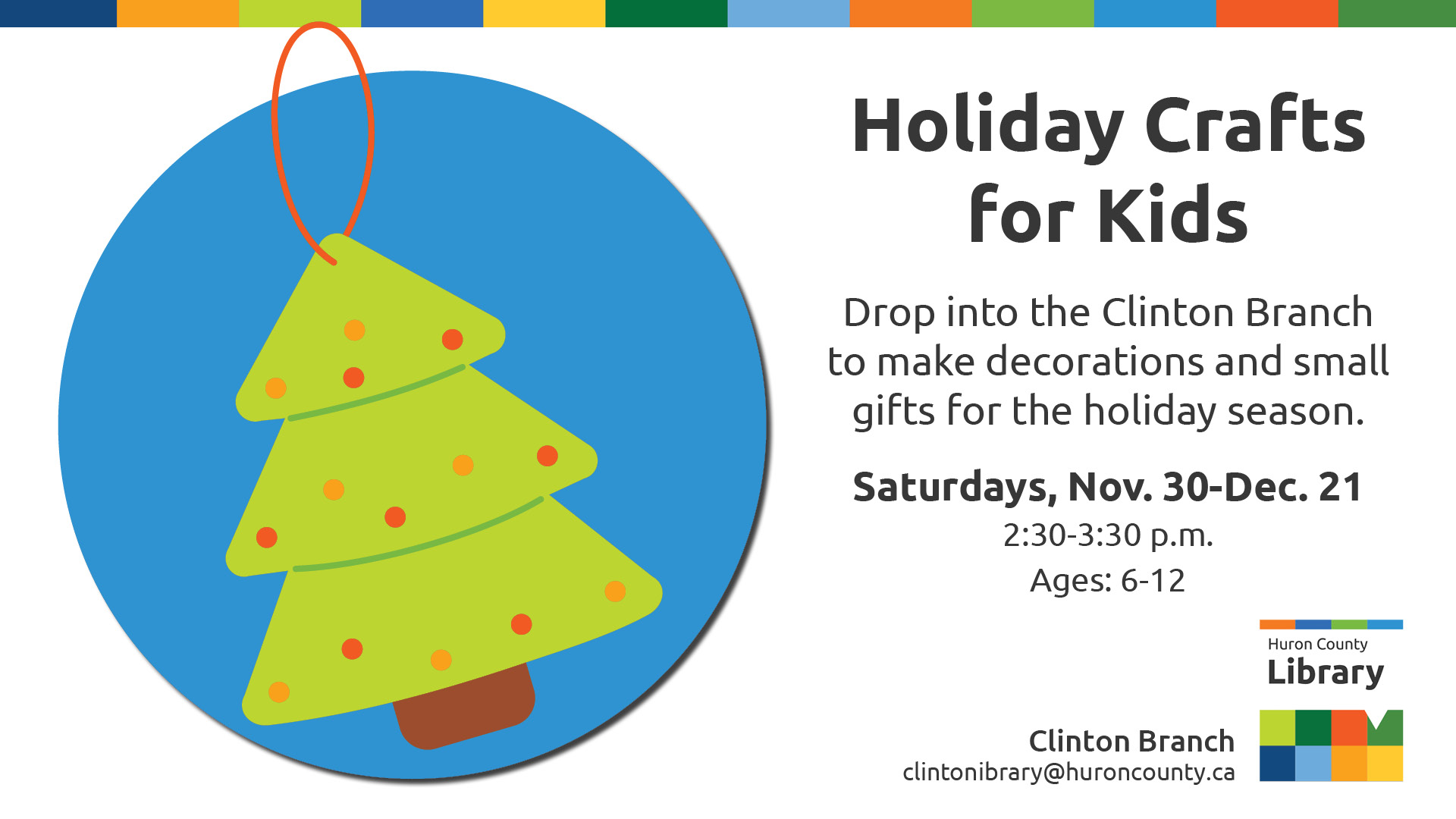 Illustration of a Christmas tree ornament with text promoting holiday Christmas crafts for kids at Clinton