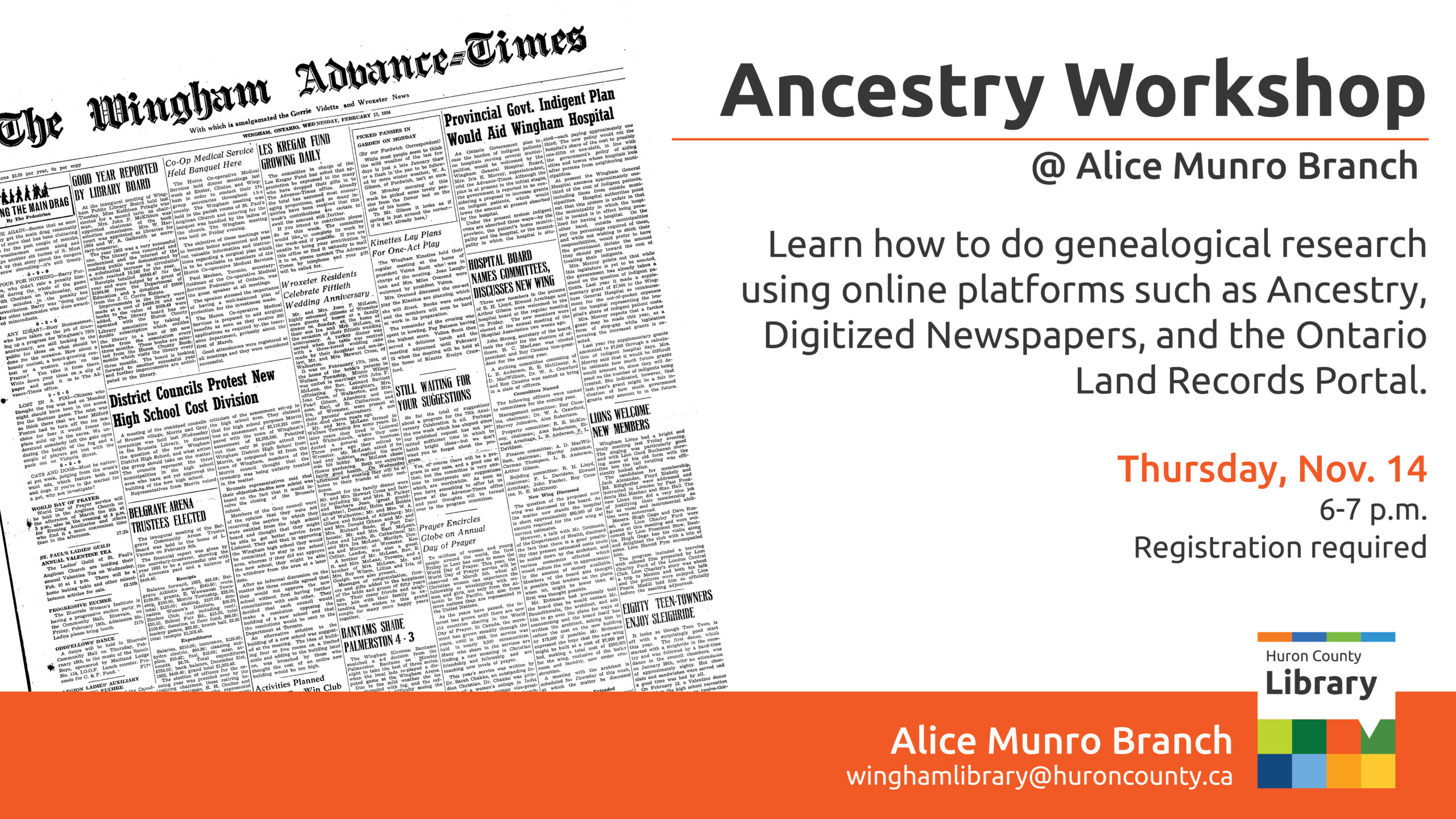 Image of the front page of the Wingham Advance Times with text promoting genealogy research workshop at Wingham