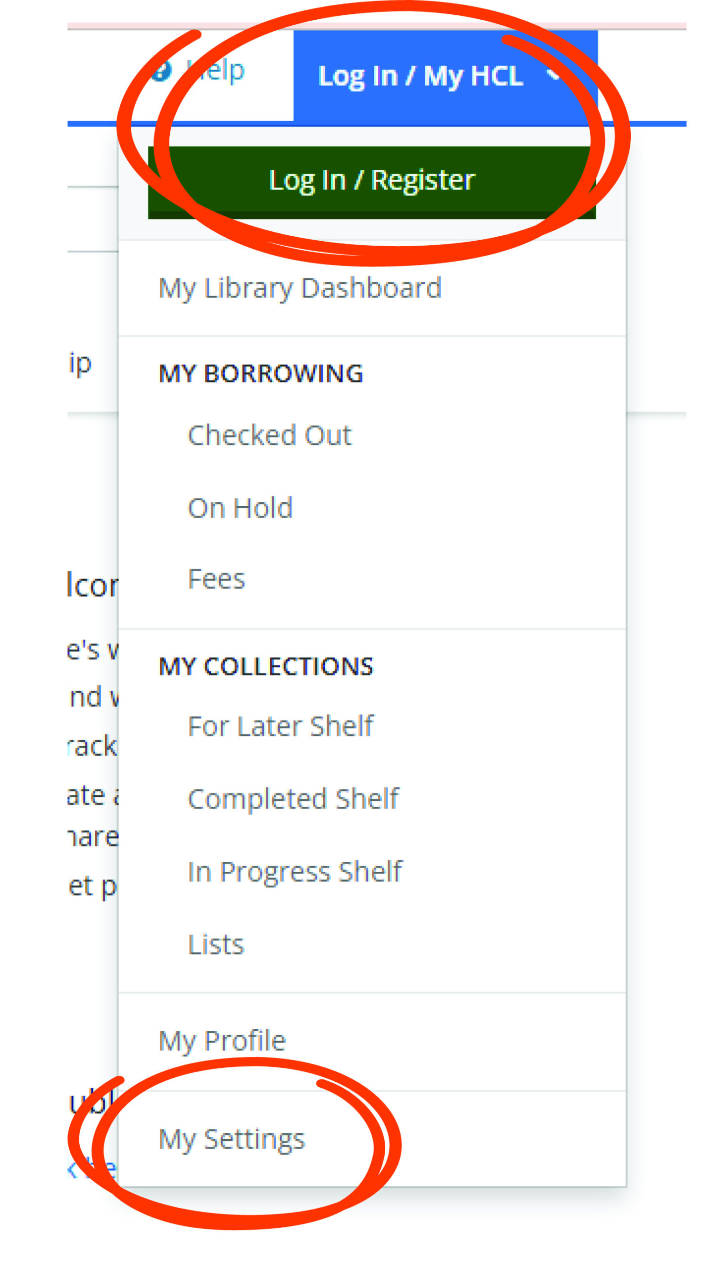 Image of the log-in and settings in Bibliocommons