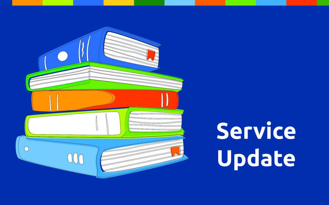 Illustration of a stack of books with text promoting service updates to the online catalogue