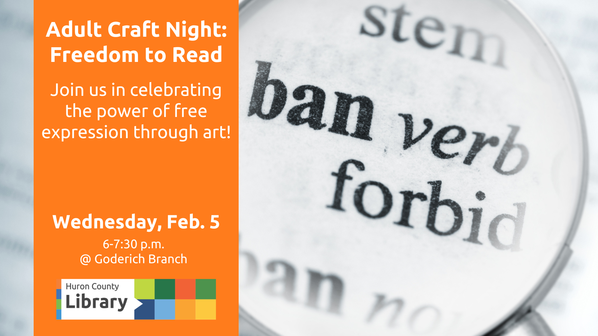 Photo of the word 'ban' with text promoting craft night at Goderich