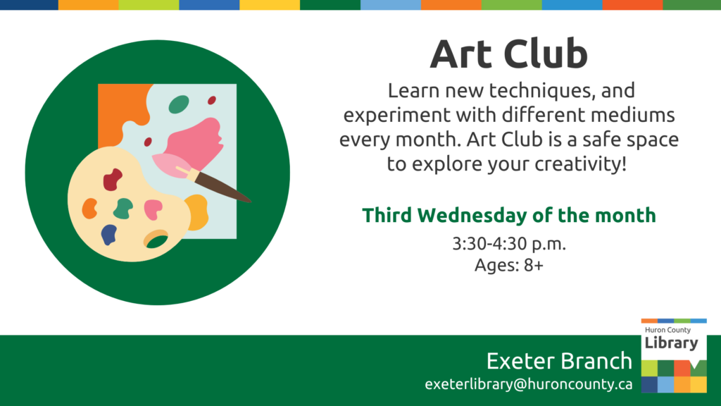 Illustration of a canvas and paint pallet with text promoting Art Club at Exeter