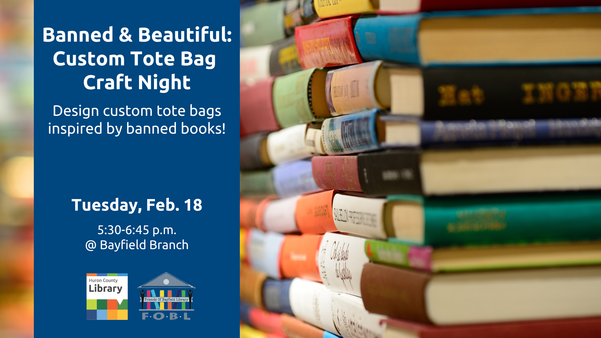 Image of a stack of books with text promoting tote bag night at Bayfield