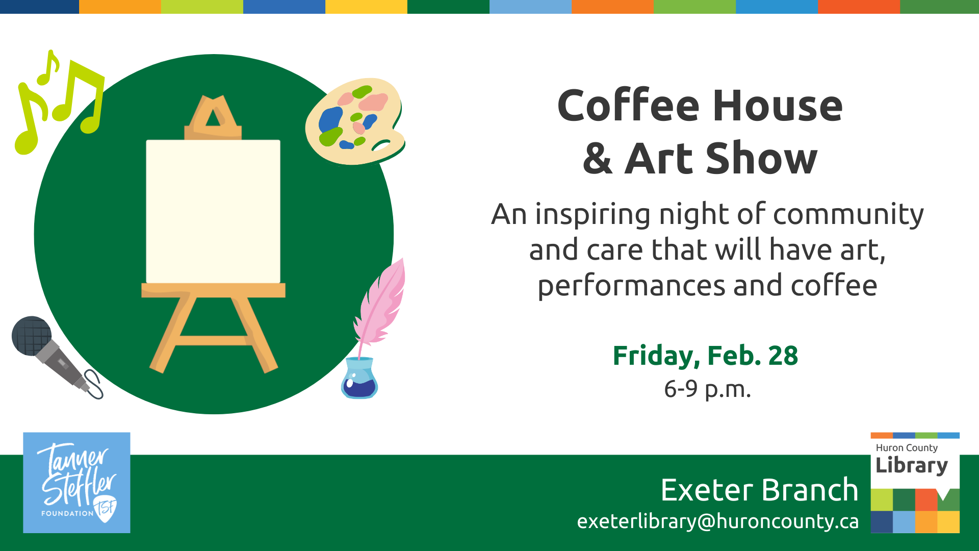 Illustration of an easel, paint pallet, music notes and microphone with text promoting Coffeehouse and Art show at Exeter