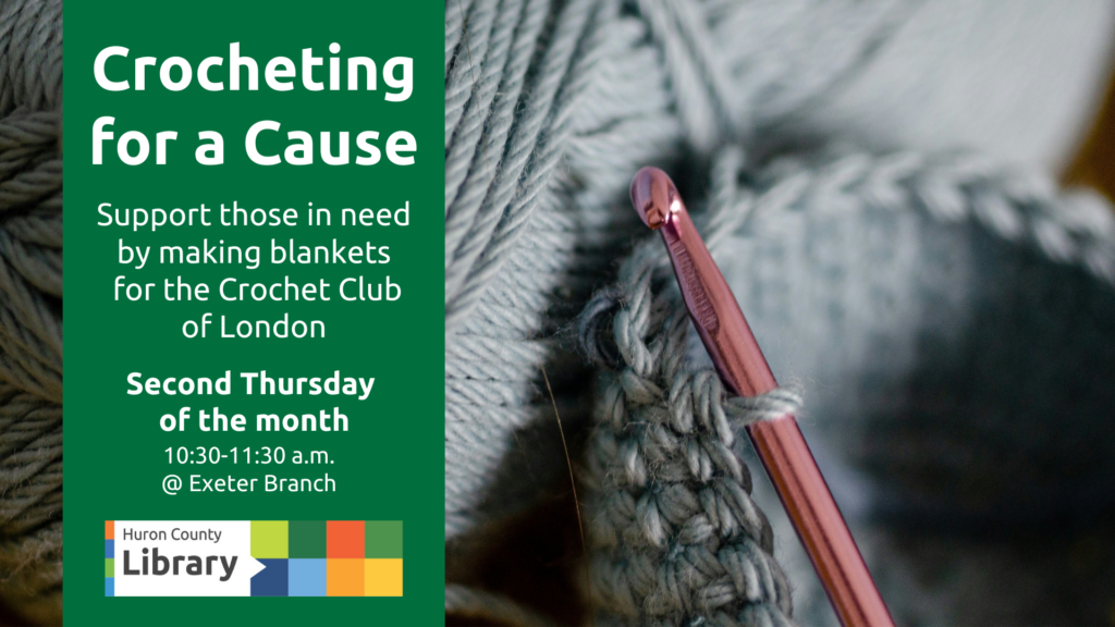 Photo of a crochet hook and project with text promoting Crocheting for a Cause in Exeter