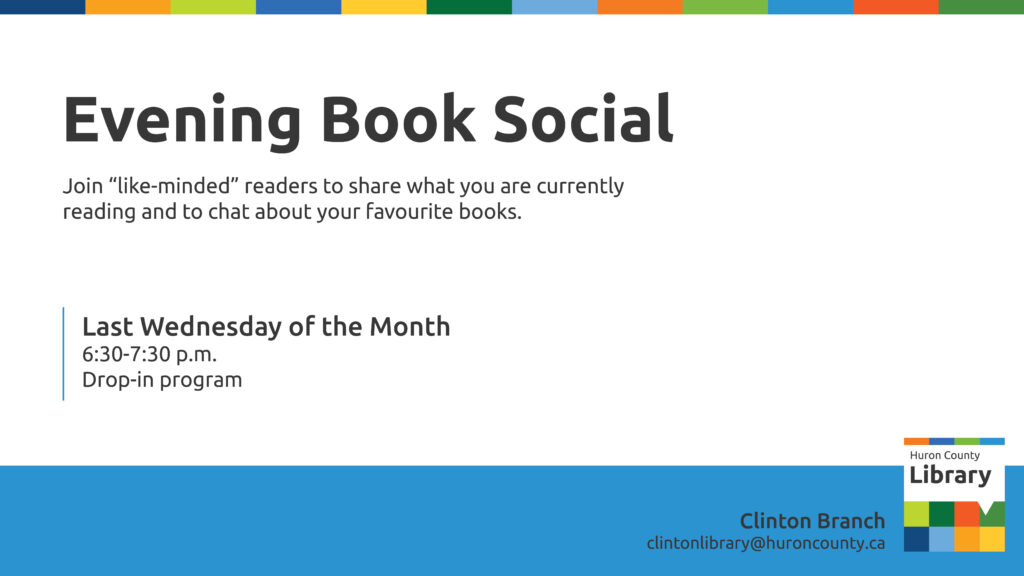 Text promoting Evening Book Social at Clinton