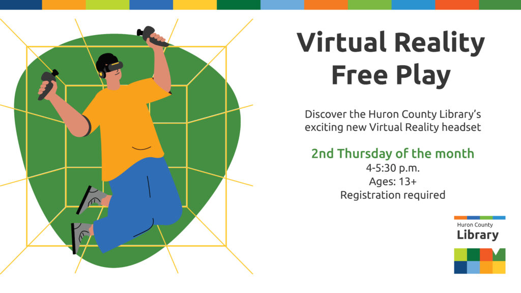 Illustration of a kid wearing a virtual reality headset and text promoting VR Free Play at Blyth