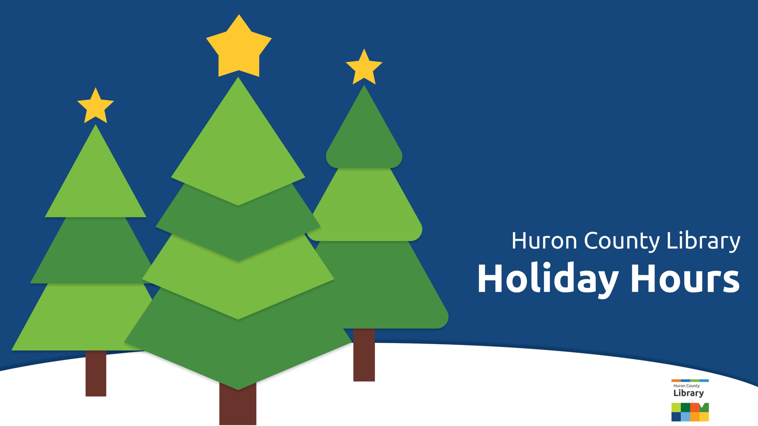 Illustration of three evergreen trees with stars on top and text promoting library holiday hours