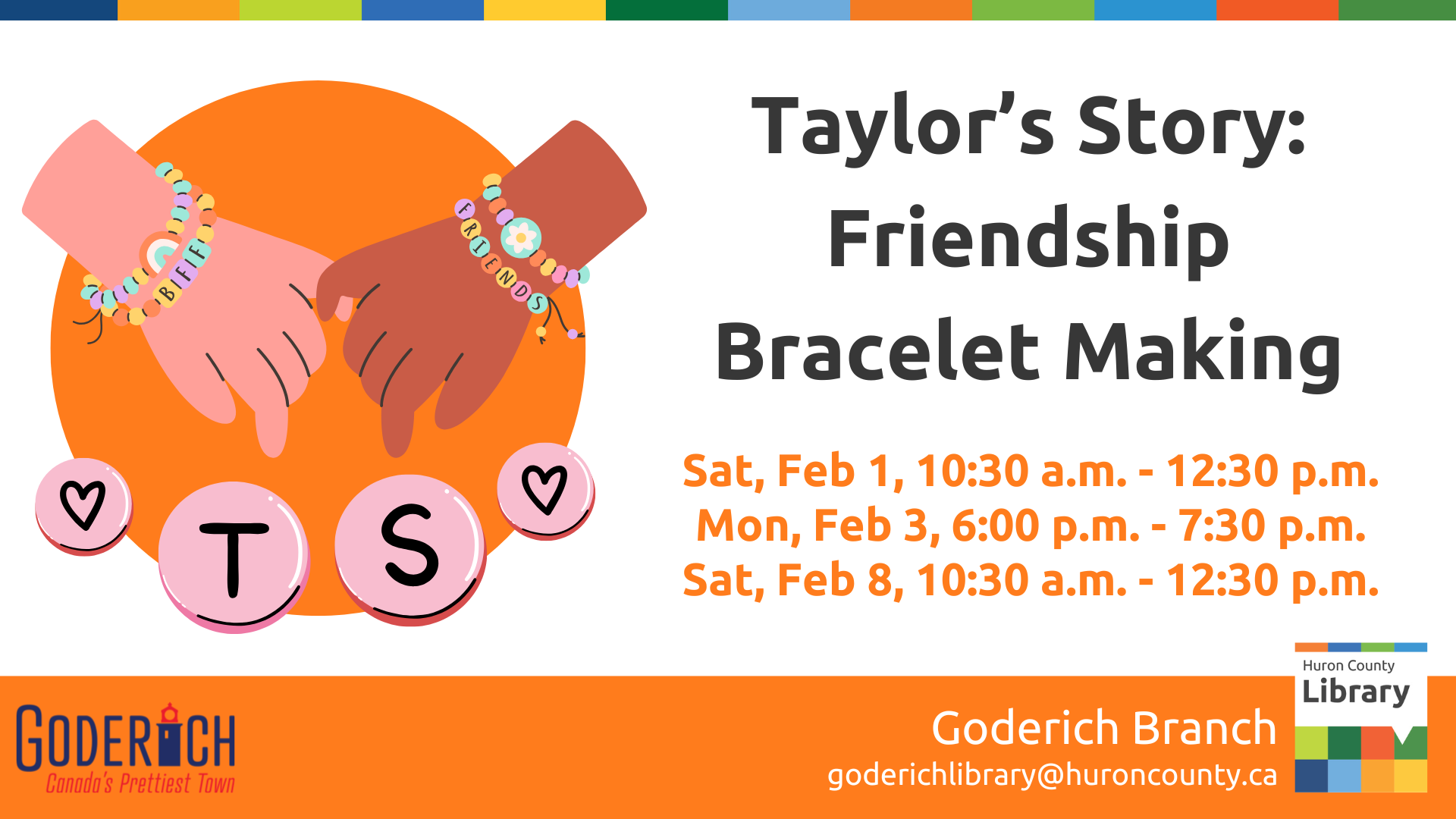 Illustration of hands holding with friendship bracelets on each wrist and text promoting Friendship Bracelet making at Goderich