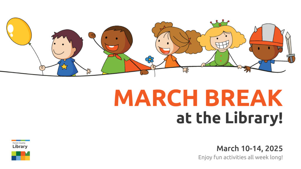 Illustration of five different kids having fun with text promoting March Break at the library