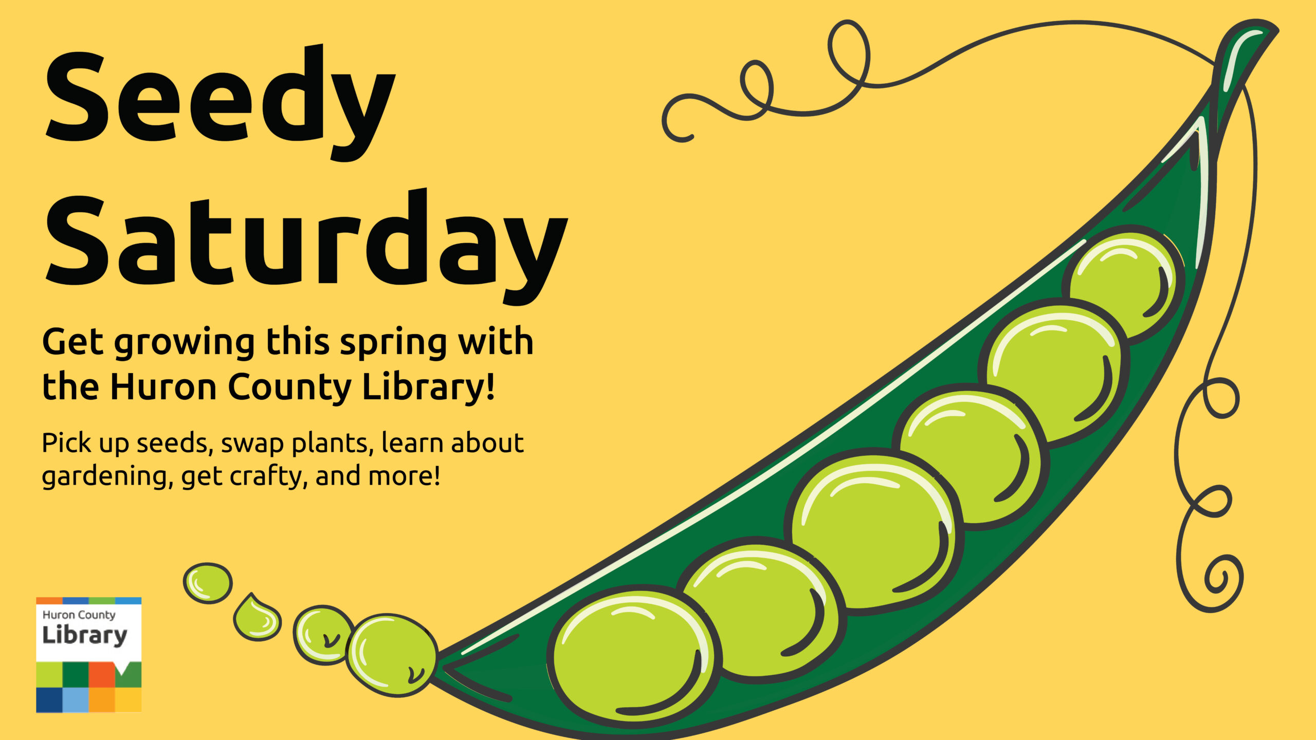 Illustration of a pea pod with text promoting Seedy Saturday